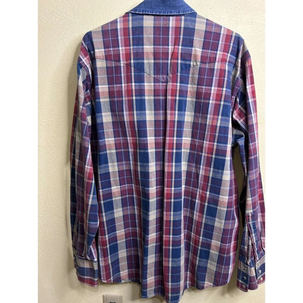 Wrangler Mens‎ Western Snap Shirt Plaid Long Sleeve Denim Collar Blue Red XXL